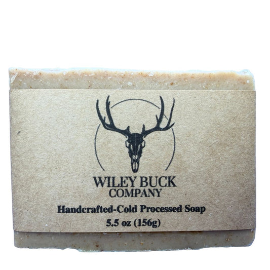 Bar of soap from the Wiley Buck Company with a deer skull logo on a white background