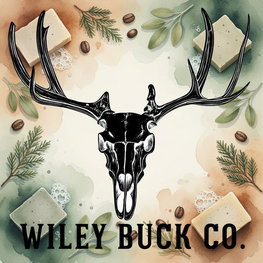 Wiley Buck Co. logo on a background of soap bars, coffee beans, sage and juniper leaves