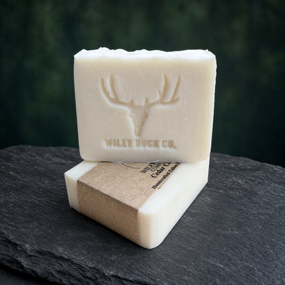 Two rectangular bars of off-white soap stacked on a dark slate surface, with the top bar embossed with a deer head logo and the words 'WILEY BUCK CO.' The lower bar is wrapped in a kraft paper band.