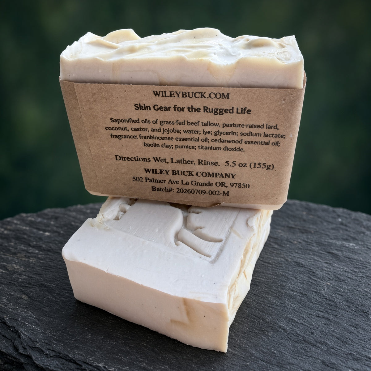 Two rectangular bars of Wiley Buck Soap Company Skin Gear soap, one standing upright with a kraft paper label and one lying flat, set on a dark slate surface with a blurred green background.