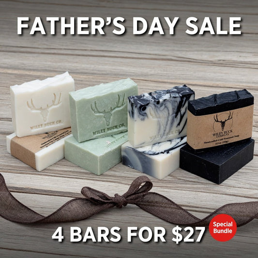 Collection of soap bars with a 'Father's Day Sale' text overlay on a wooden surface.